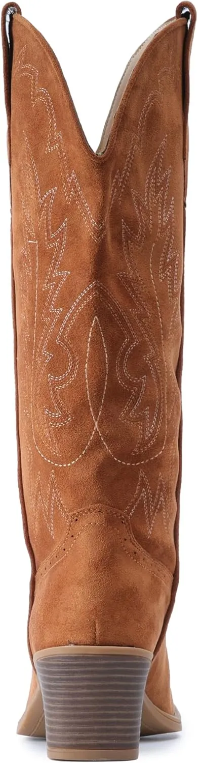 IUV Suede Cowboy Boots for women- Western Pointed Toe, Mid Calf Pull-On Boots
