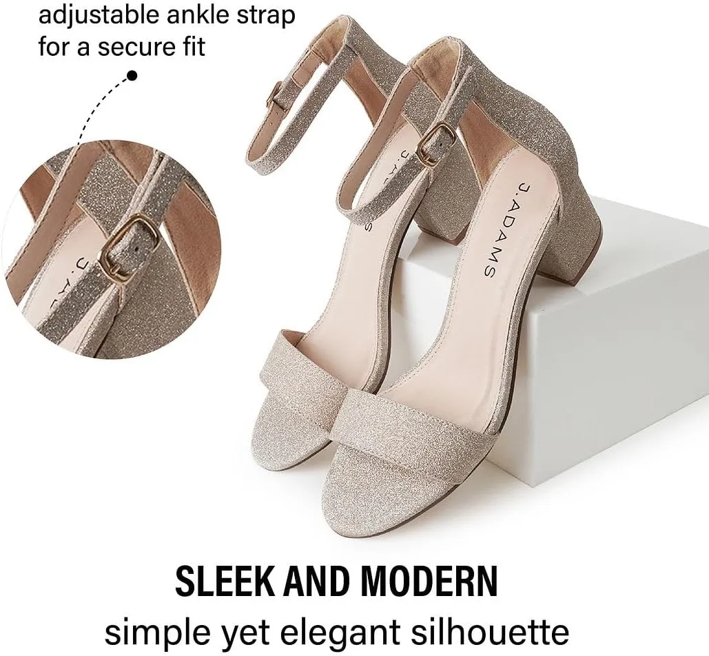 J. Adams Daisy Heeled Sandals - Ankle Strap Low Block, Open Toe Dress Pumps, Chunky Heels - Dressy Shoes for Women - Bridal, Wedding, Summer Sandals