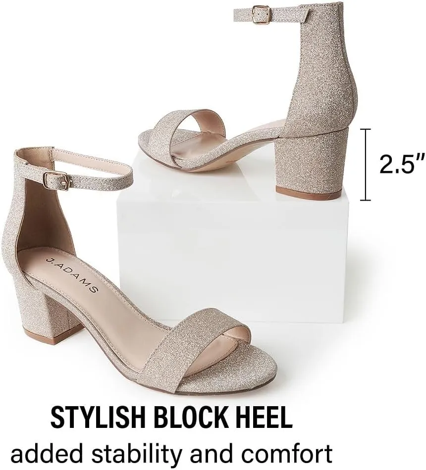 J. Adams Daisy Heeled Sandals - Ankle Strap Low Block, Open Toe Dress Pumps, Chunky Heels - Dressy Shoes for Women - Bridal, Wedding, Summer Sandals