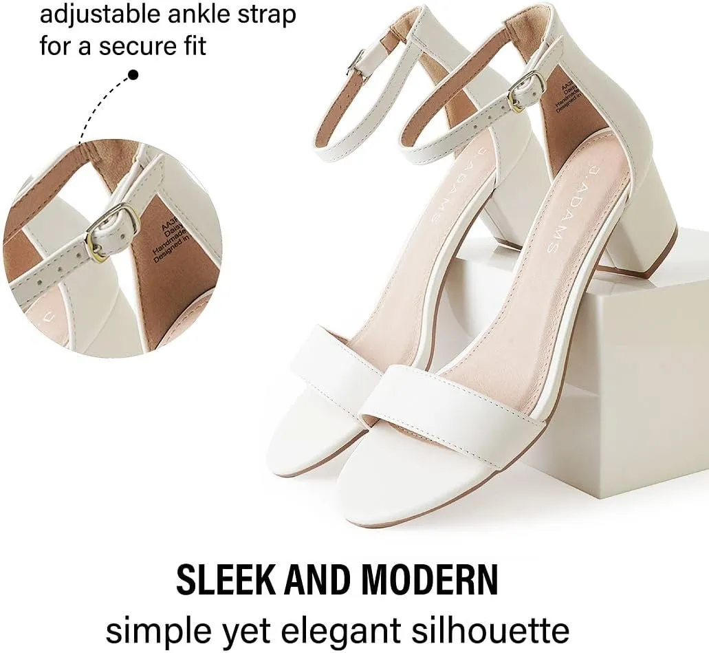 J. Adams Daisy Heeled Sandals - Ankle Strap Low Block, Open Toe Dress Pumps, Chunky Heels - Dressy Shoes for Women - Bridal, Wedding, Summer Sandals