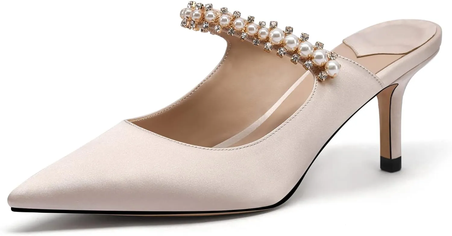 JANSEVEN Mules Flats For Women Closed Toe Flat Sandals With Rhinestone Pointy Slip On Patent Leather 4 Inches Bridal Wedding Shoes Sexy