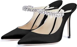 JANSEVEN Mules Flats For Women Closed Toe Flat Sandals With Rhinestone Pointy Slip On Patent Leather 4 Inches Bridal Wedding Shoes Sexy