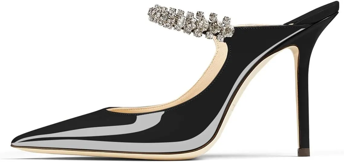 JANSEVEN Mules Flats For Women Closed Toe Flat Sandals With Rhinestone Pointy Slip On Patent Leather 4 Inches Bridal Wedding Shoes Sexy