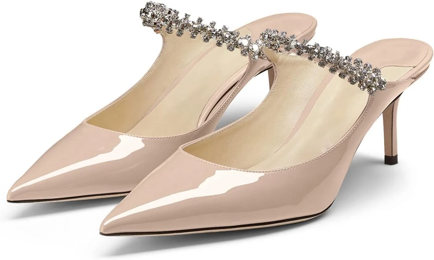 JANSEVEN Mules Flats For Women Closed Toe Flat Sandals With Rhinestone Pointy Slip On Patent Leather 4 Inches Bridal Wedding Shoes Sexy