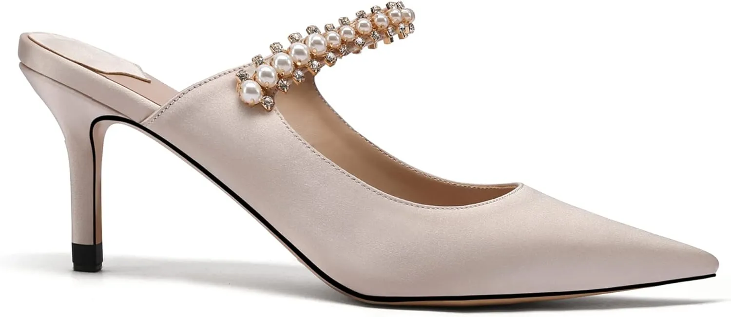 JANSEVEN Mules Flats For Women Closed Toe Flat Sandals With Rhinestone Pointy Slip On Patent Leather 4 Inches Bridal Wedding Shoes Sexy