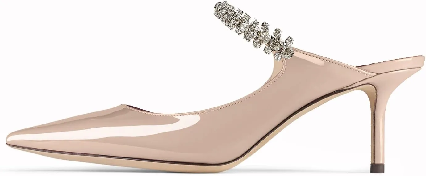 JANSEVEN Mules Flats For Women Closed Toe Flat Sandals With Rhinestone Pointy Slip On Patent Leather 4 Inches Bridal Wedding Shoes Sexy