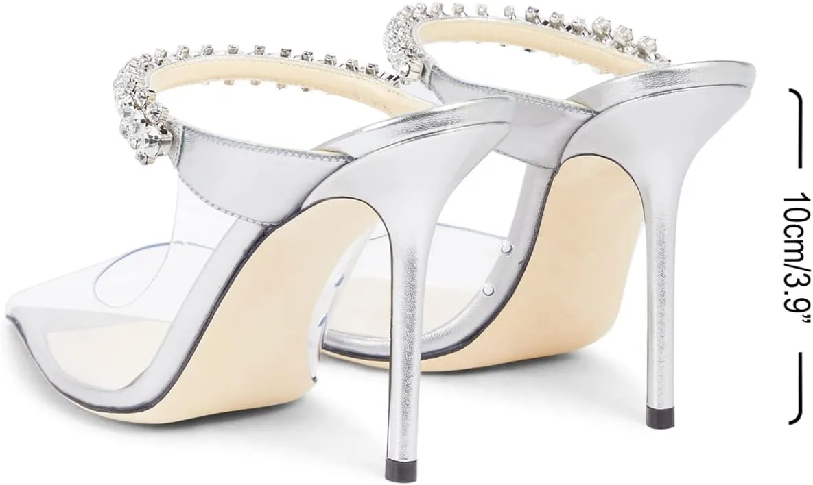 JANSEVEN Mules Flats For Women Closed Toe Flat Sandals With Rhinestone Pointy Slip On Patent Leather 4 Inches Bridal Wedding Shoes Sexy