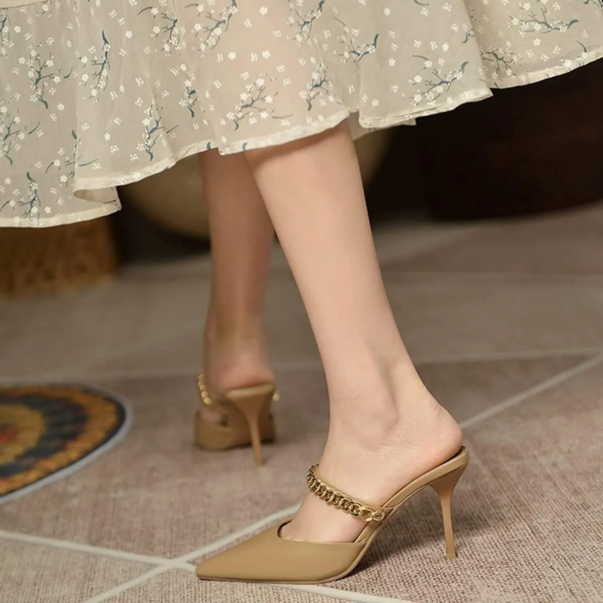 Jeesay Women's Pointed Toe Mules Stilettos Heels Sandals Slip on Gold Chains Mary Jane Dress Pumps