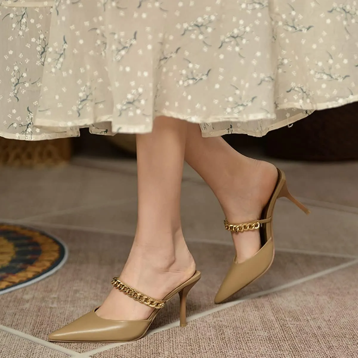 Jeesay Women's Pointed Toe Mules Stilettos Heels Sandals Slip on Gold Chains Mary Jane Dress Pumps