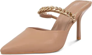 Jeesay Women's Pointed Toe Mules Stilettos Heels Sandals Slip on Gold Chains Mary Jane Dress Pumps