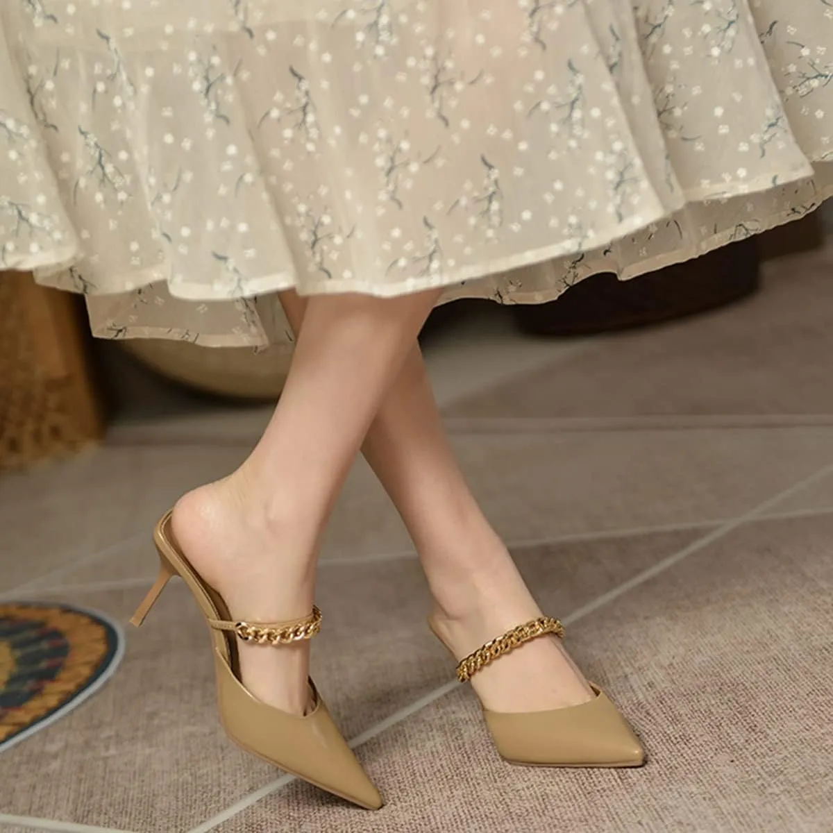 Jeesay Women's Pointed Toe Mules Stilettos Heels Sandals Slip on Gold Chains Mary Jane Dress Pumps