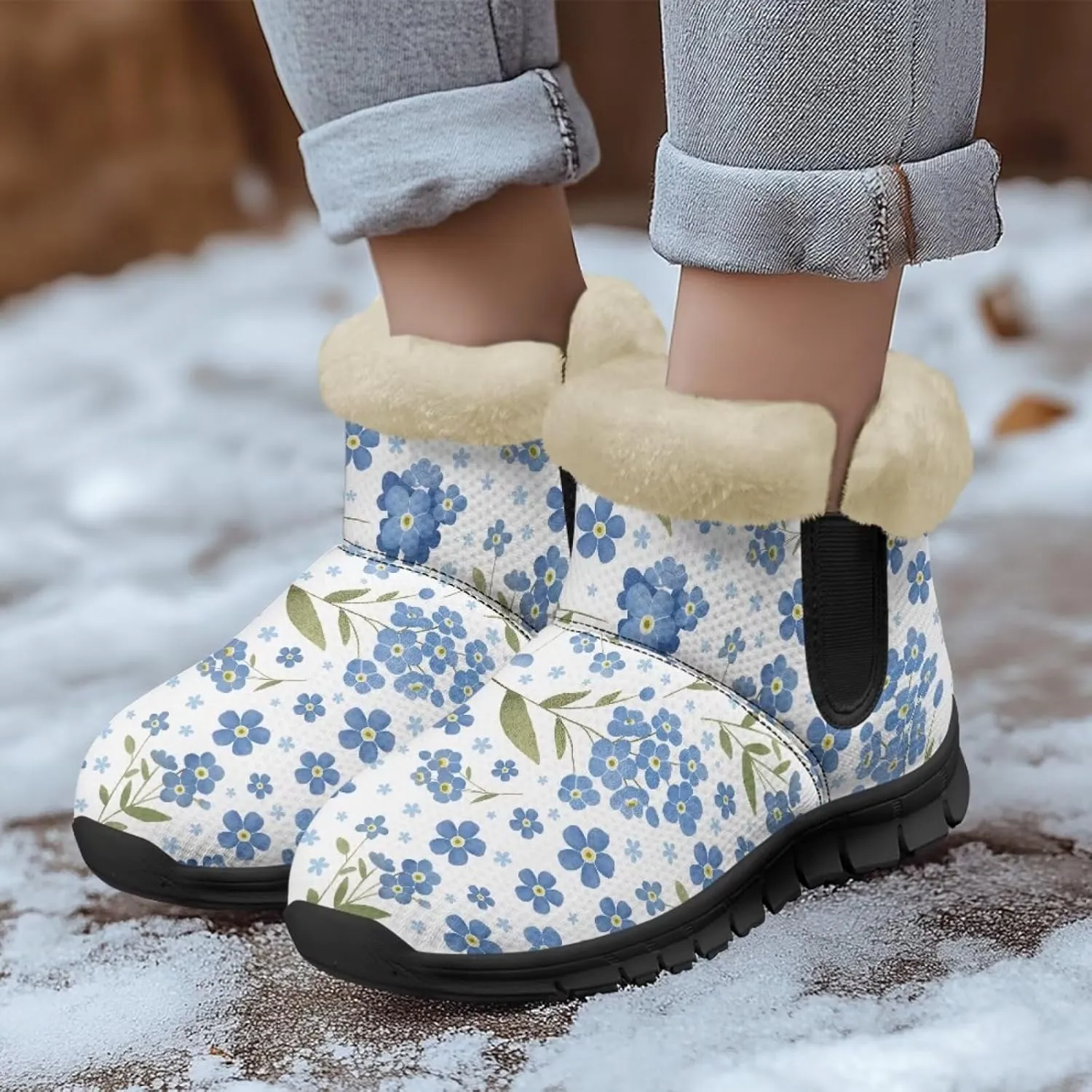 Jeiento Floral Women's Snow Boots Flowers Lightweight Fluffy Thickening Shoes Ladies Non Slip
