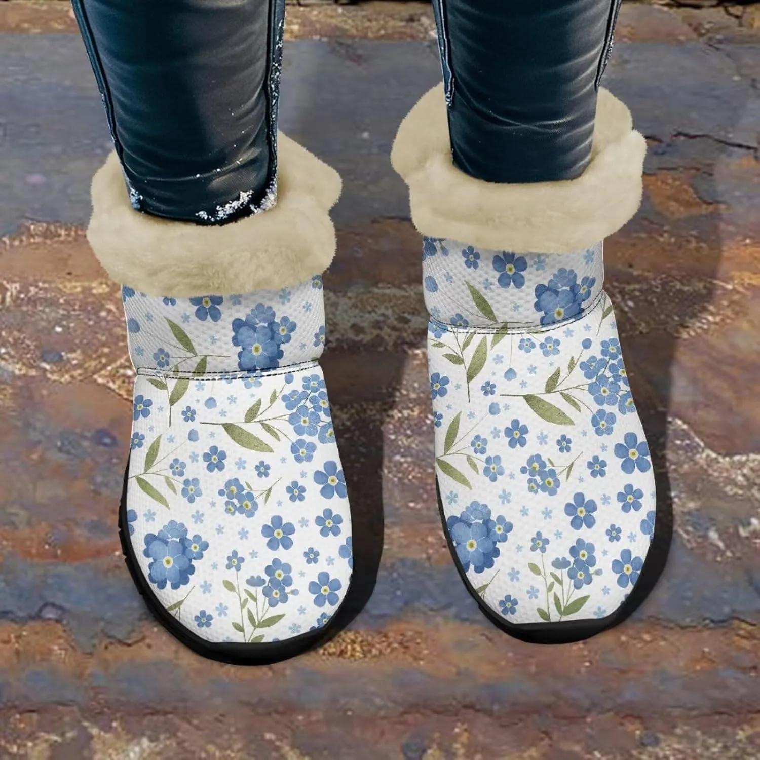 Jeiento Floral Women's Snow Boots Flowers Lightweight Fluffy Thickening Shoes Ladies Non Slip
