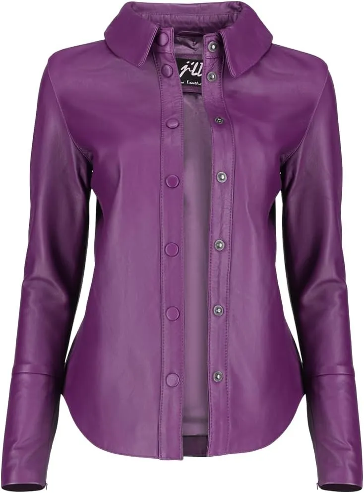 Jild Casual Shirt Leather Jacket Women - Long Sleeve Snap Button Down Soft Lambskin Leather Shacket Regular and Plus Size