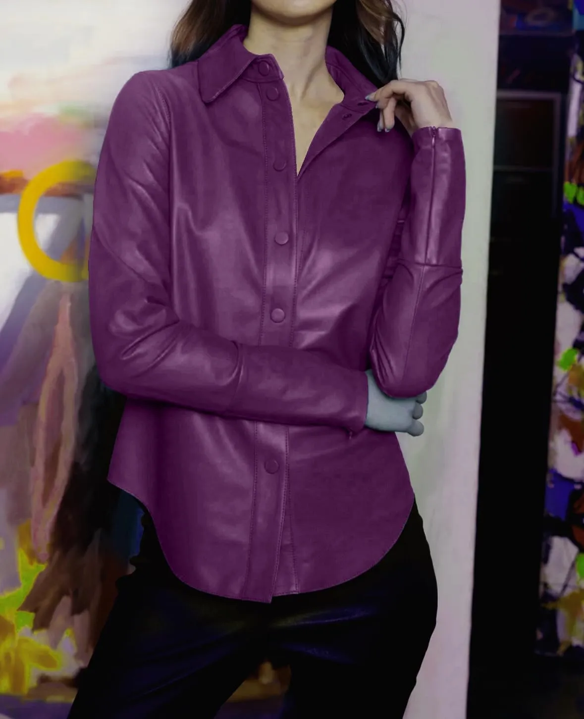Jild Casual Shirt Leather Jacket Women - Long Sleeve Snap Button Down Soft Lambskin Leather Shacket Regular and Plus Size