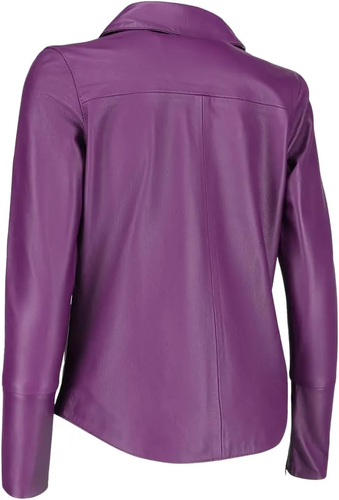 Jild Casual Shirt Leather Jacket Women - Long Sleeve Snap Button Down Soft Lambskin Leather Shacket Regular and Plus Size