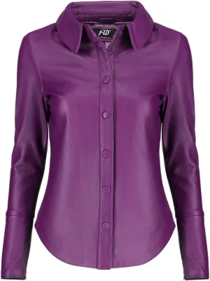 Jild Casual Shirt Leather Jacket Women - Long Sleeve Snap Button Down Soft Lambskin Leather Shacket Regular and Plus Size