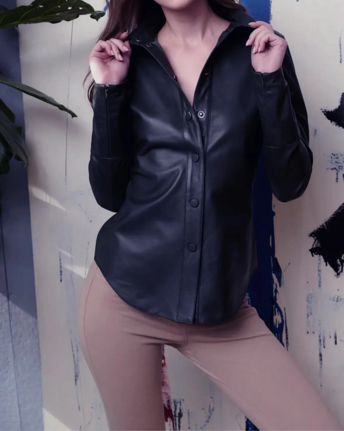 Jild Casual Shirt Leather Jacket Women - Long Sleeve Snap Button Down Soft Lambskin Leather Shacket Regular and Plus Size
