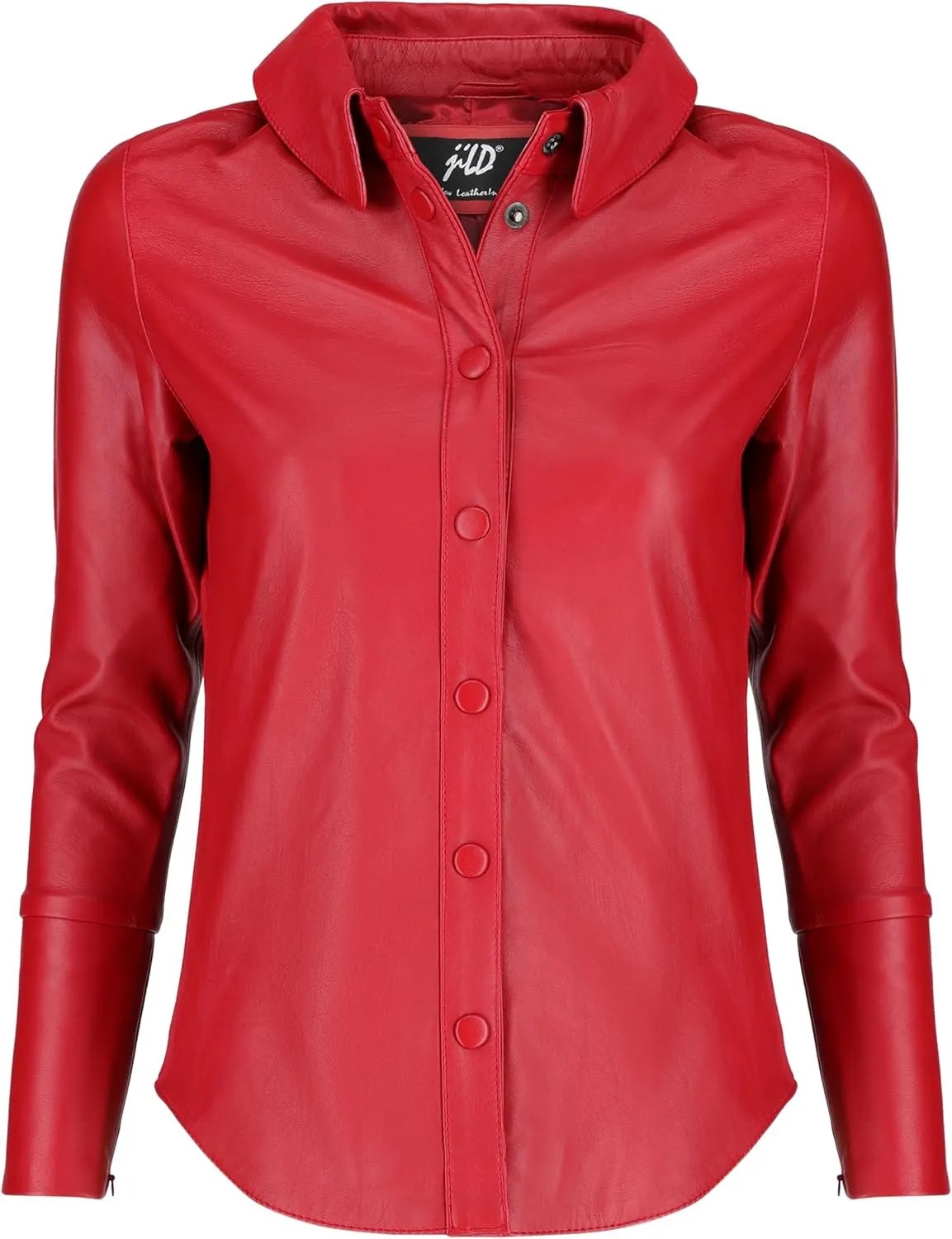 Jild Casual Shirt Leather Jacket Women - Long Sleeve Snap Button Down Soft Lambskin Leather Shacket Regular and Plus Size