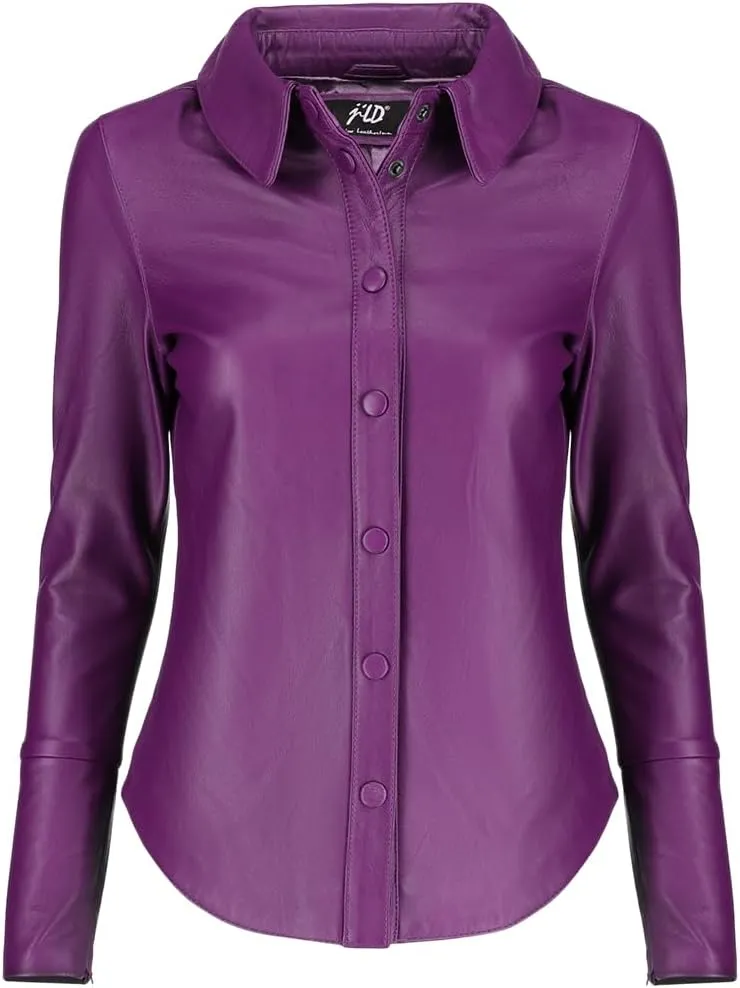 Jild Casual Shirt Leather Jacket Women - Long Sleeve Snap Button Down Soft Lambskin Leather Shacket Regular and Plus Size