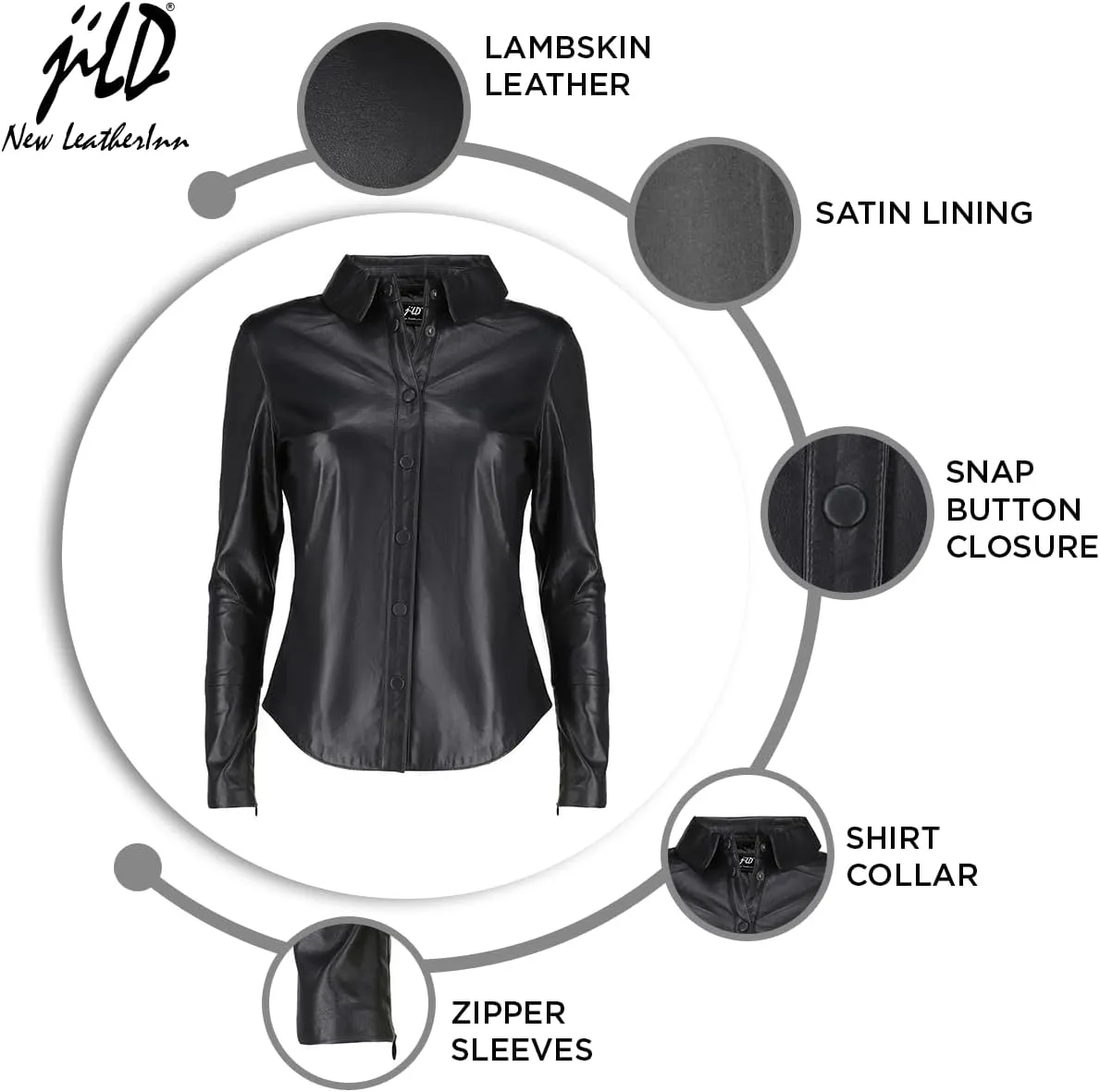 Jild Casual Shirt Leather Jacket Women - Long Sleeve Snap Button Down Soft Lambskin Leather Shacket Regular and Plus Size