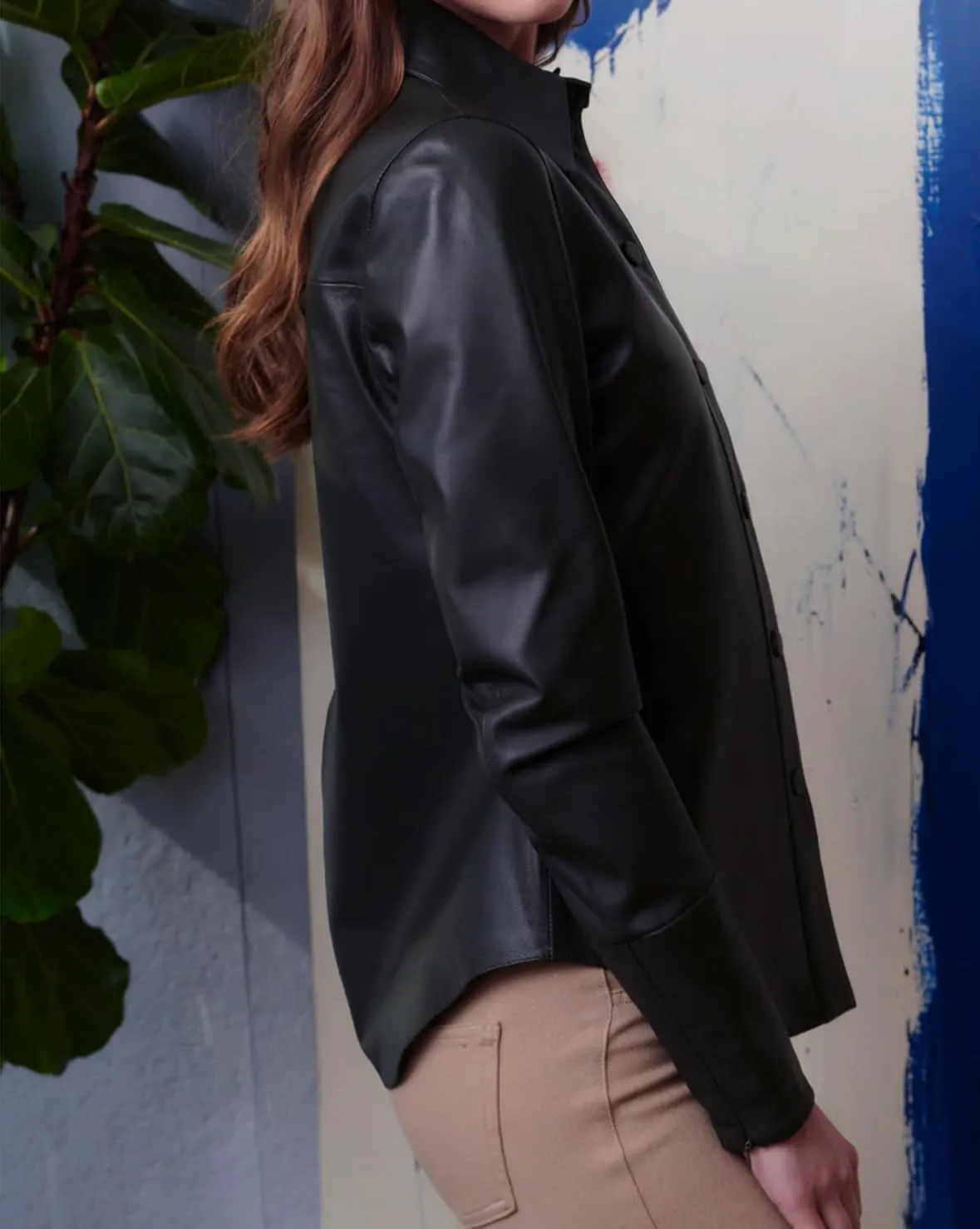 Jild Casual Shirt Leather Jacket Women - Long Sleeve Snap Button Down Soft Lambskin Leather Shacket Regular and Plus Size