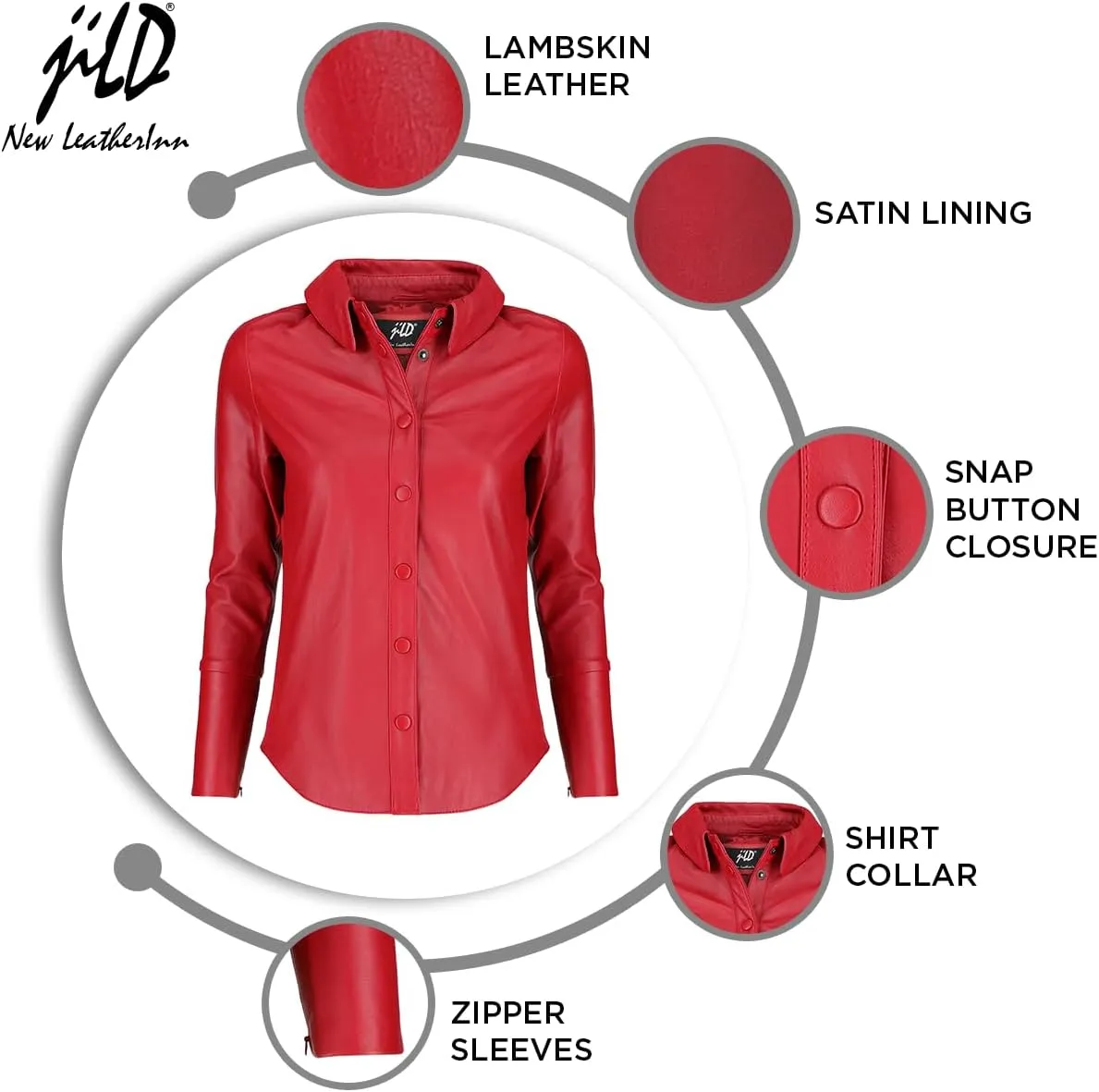 Jild Casual Shirt Leather Jacket Women - Long Sleeve Snap Button Down Soft Lambskin Leather Shacket Regular and Plus Size
