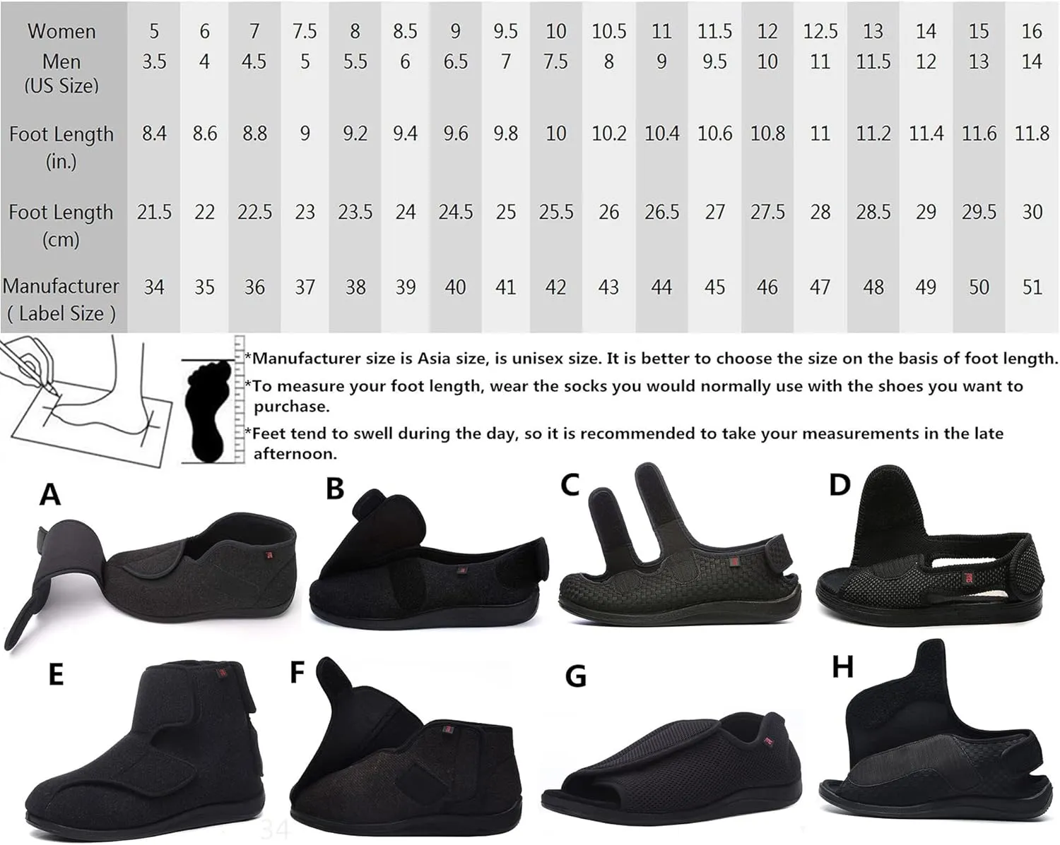 JIONS Women Men Adjustable Velco Extra Wide Shoes Swollen Feet Diabetic Edema Boots Slippers Indoor Outdoor Sandals Unisex Large Size 5-14