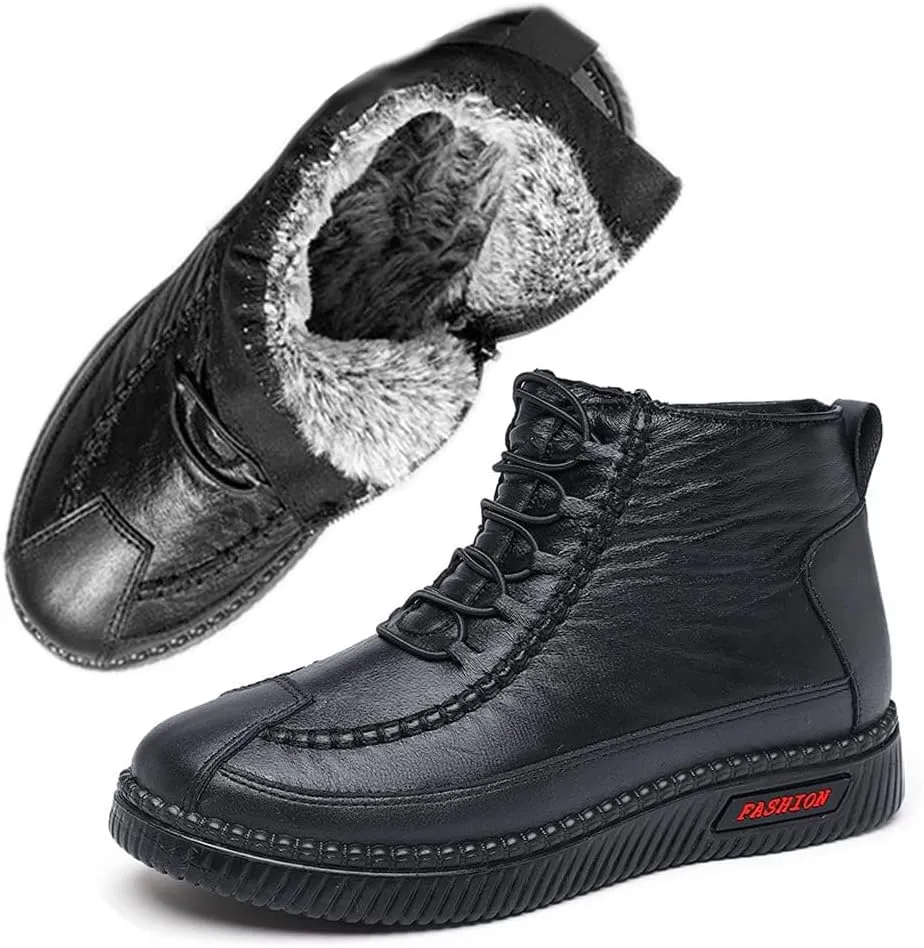 JishinGal Women's Winter New Fleece Thickened Warm Soft Bottom Cotton Boots Waterproof Slip-on Snow Shoes Leather Ankle Booties