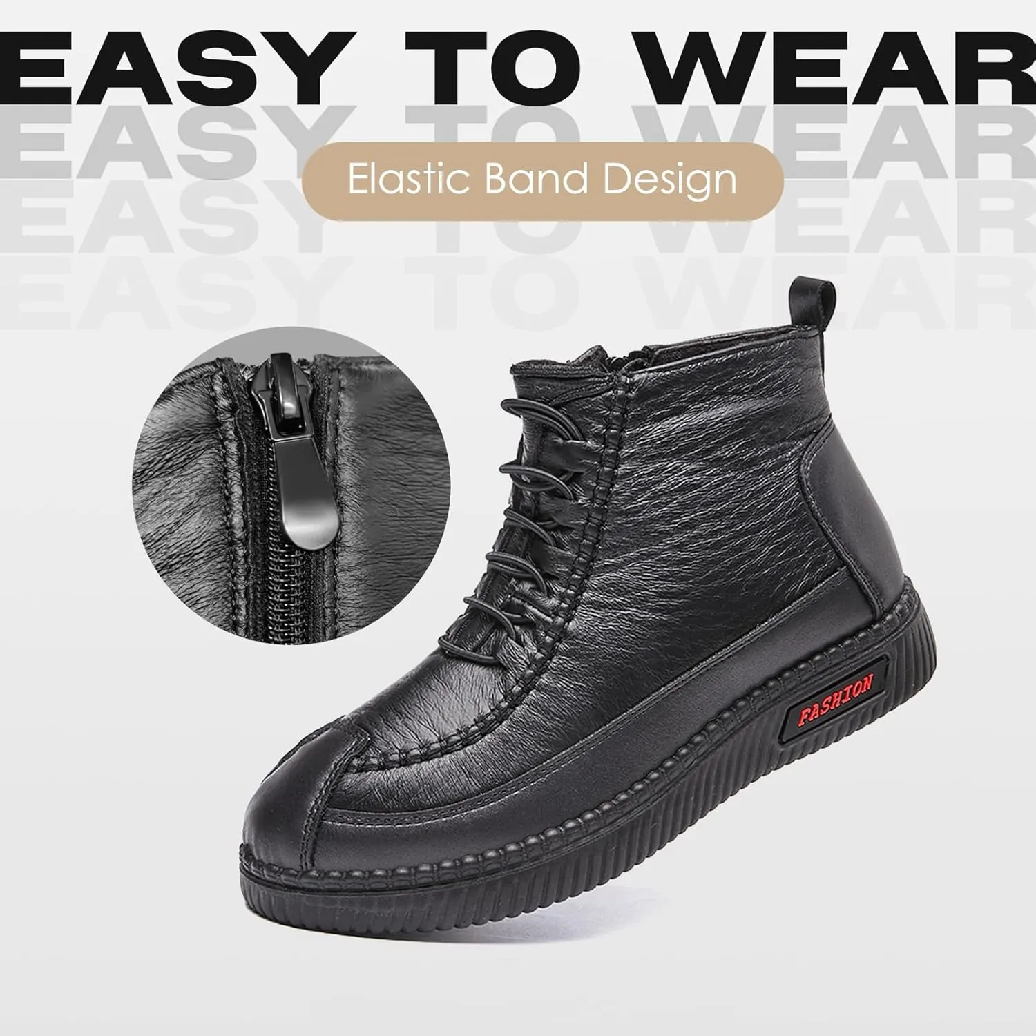 JishinGal Women's Winter New Fleece Thickened Warm Soft Bottom Cotton Boots Waterproof Slip-on Snow Shoes Leather Ankle Booties