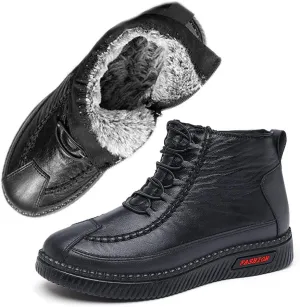 JishinGal Women's Winter New Fleece Thickened Warm Soft Bottom Cotton Boots Waterproof Slip-on Snow Shoes Leather Ankle Booties