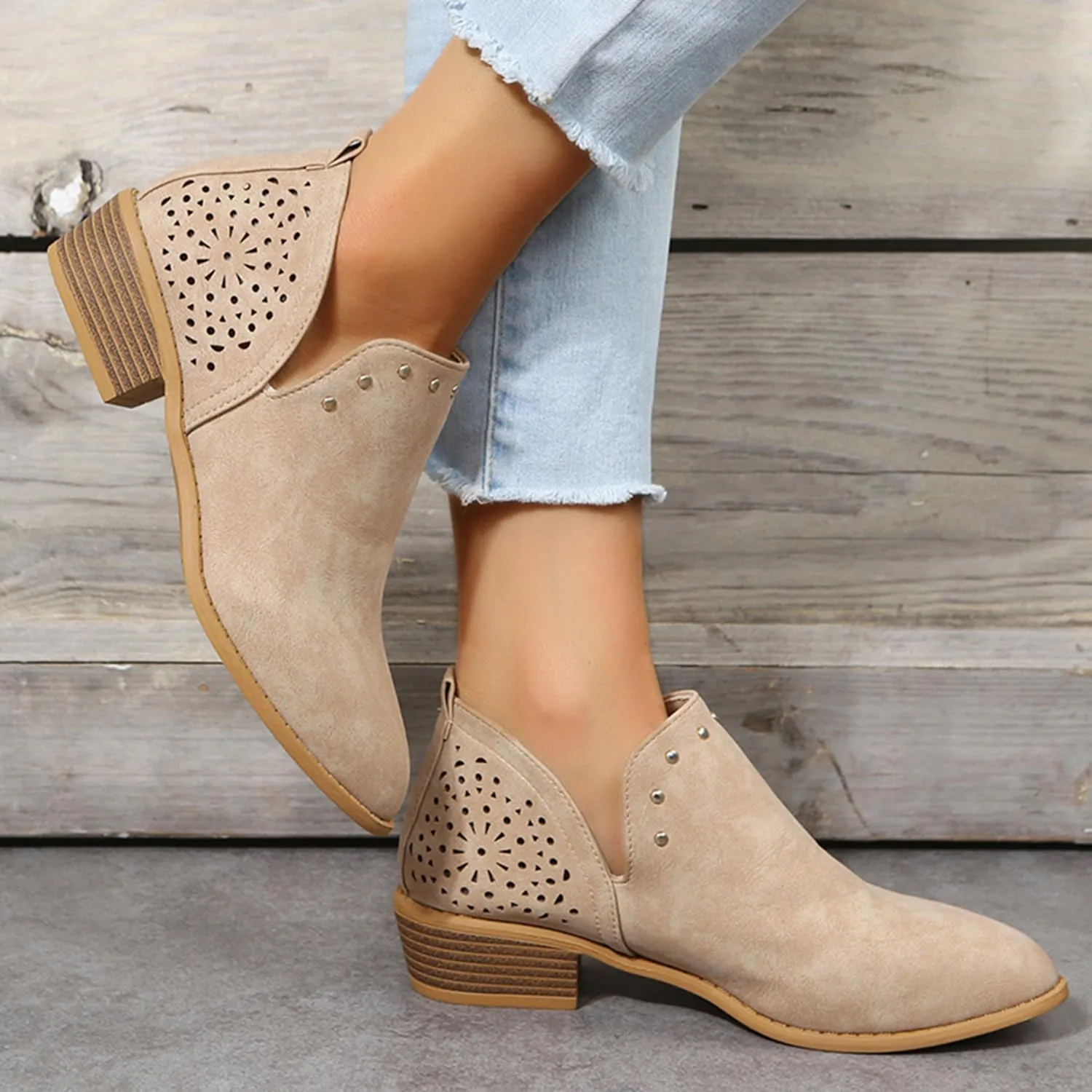 JITUUE Ankle Boots for women Casual Cut Out Slip On Low Heel Short Chunky Stacked Heel Perforated Side V Cut Western Booties Cutout Shoes