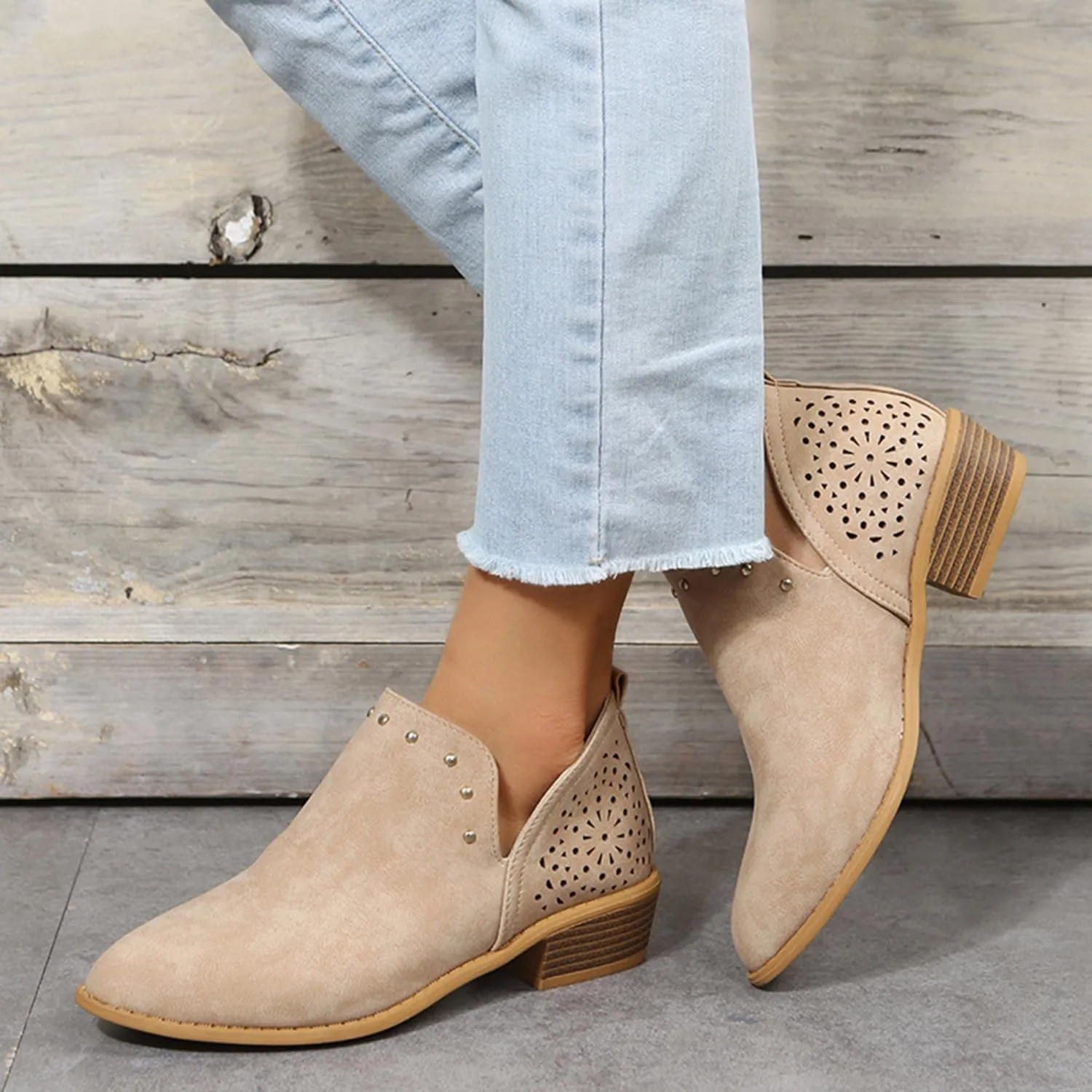 JITUUE Ankle Boots for women Casual Cut Out Slip On Low Heel Short Chunky Stacked Heel Perforated Side V Cut Western Booties Cutout Shoes