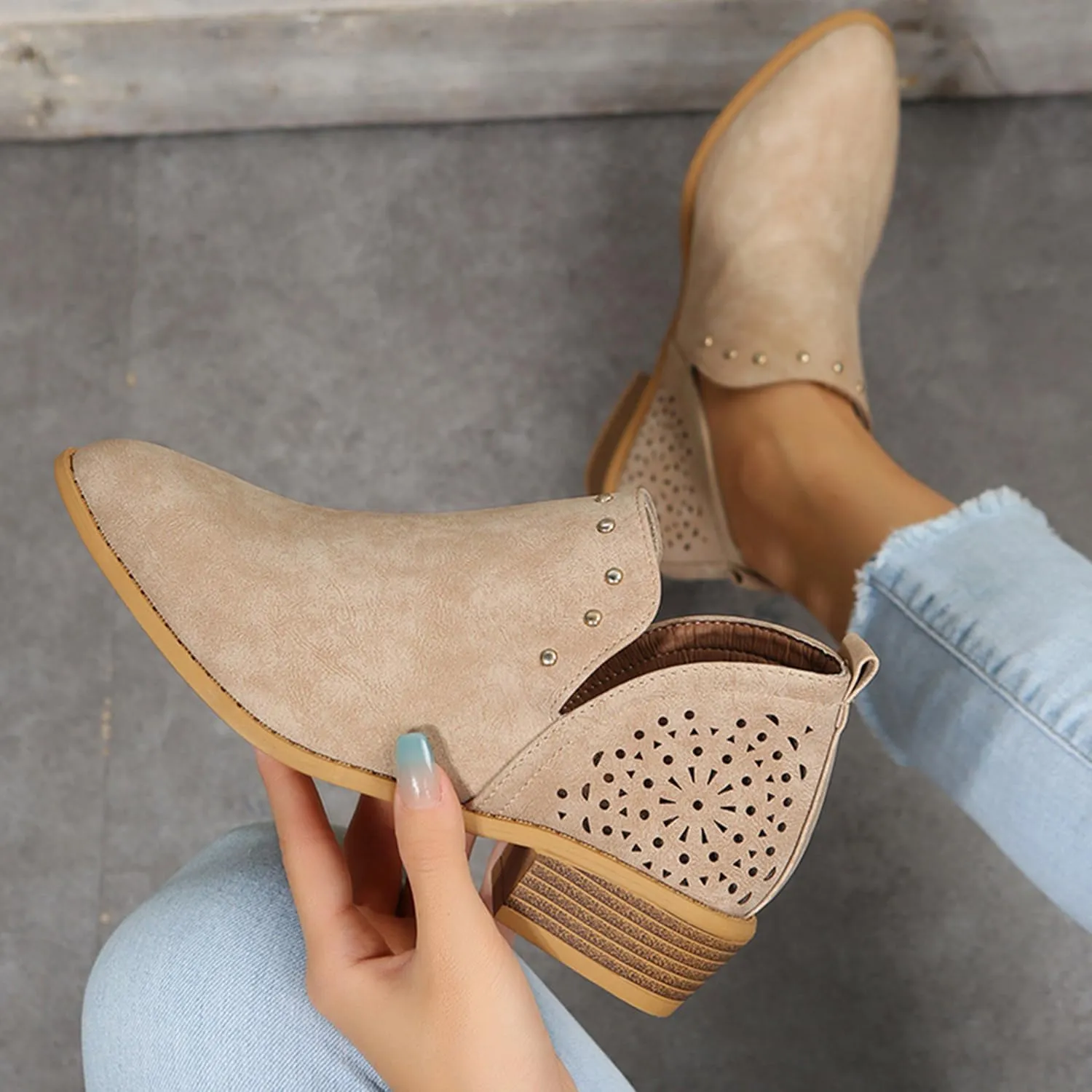 JITUUE Ankle Boots for women Casual Cut Out Slip On Low Heel Short Chunky Stacked Heel Perforated Side V Cut Western Booties Cutout Shoes