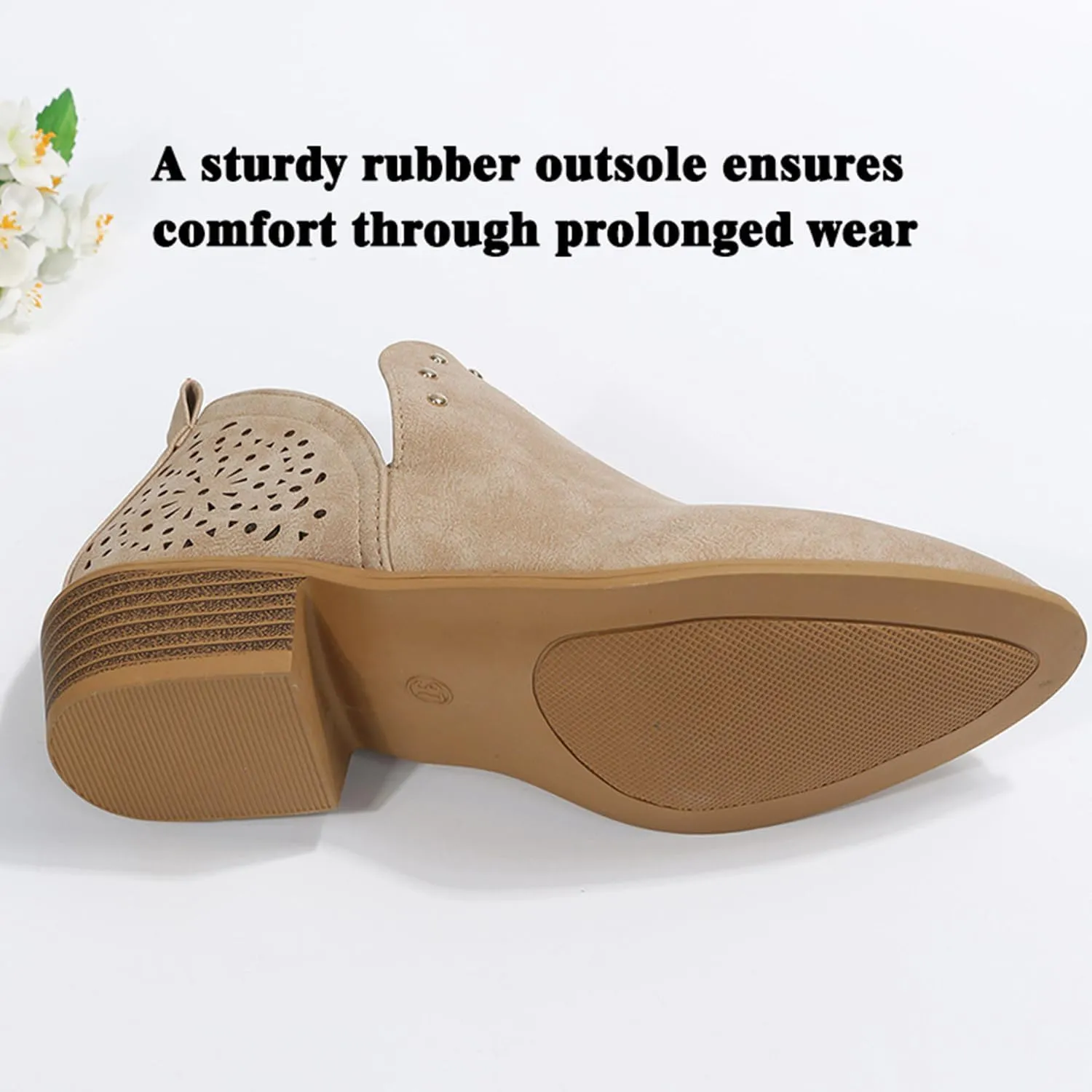 JITUUE Ankle Boots for women Casual Cut Out Slip On Low Heel Short Chunky Stacked Heel Perforated Side V Cut Western Booties Cutout Shoes