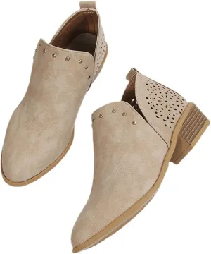 JITUUE Ankle Boots for women Casual Cut Out Slip On Low Heel Short Chunky Stacked Heel Perforated Side V Cut Western Booties Cutout Shoes