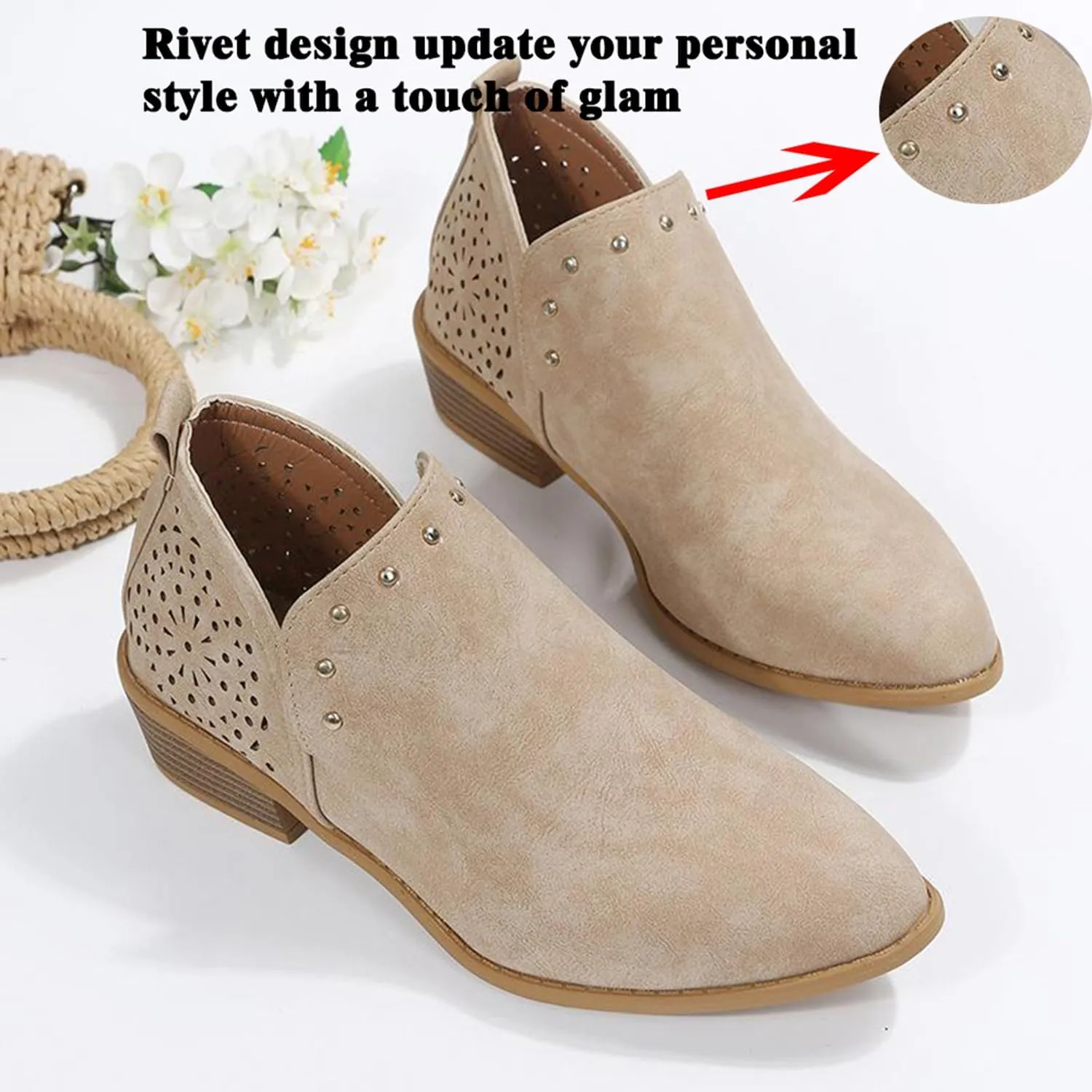 JITUUE Ankle Boots for women Casual Cut Out Slip On Low Heel Short Chunky Stacked Heel Perforated Side V Cut Western Booties Cutout Shoes