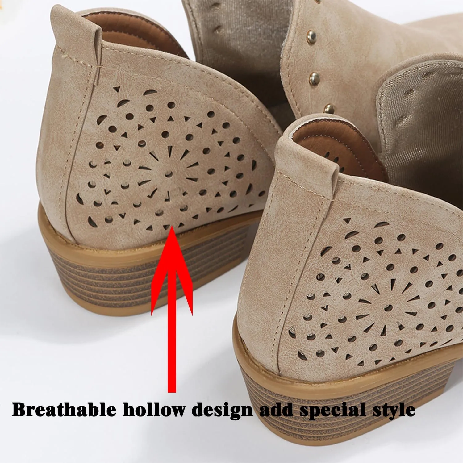 JITUUE Ankle Boots for women Casual Cut Out Slip On Low Heel Short Chunky Stacked Heel Perforated Side V Cut Western Booties Cutout Shoes
