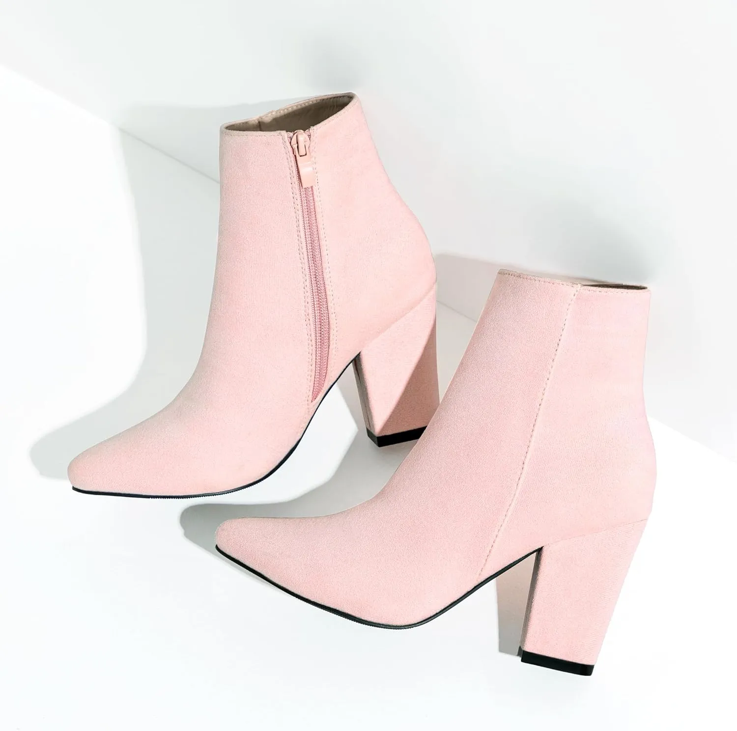 Jiu du Suede Ankle Boots for Women Chunky Block High Heel Booties Sexy Pointed Toe Side Zipper Disco Dressy Short GOGO Boots