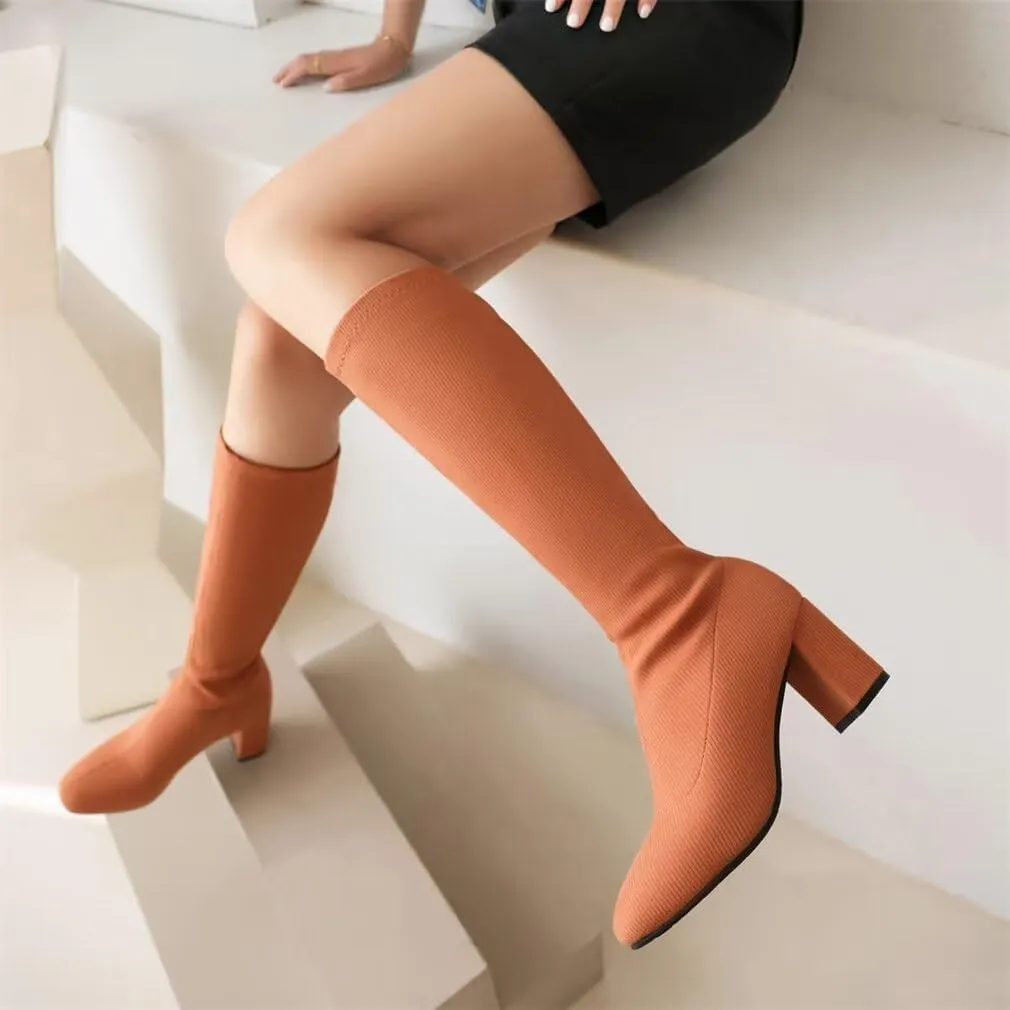 Joojaky Woman Fashion Block Heel Knee High Boots Stilettos Chunky Heel Elastic Sock Boots