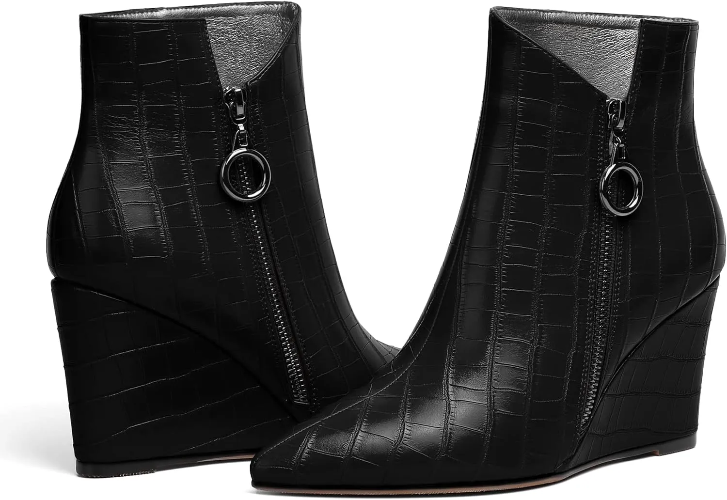 Joseywade Ankle Boots Wedge Heels for Women Pointed Toe Wedge Booties Zipper Closure with Fur 3.5 Inches Short Boots