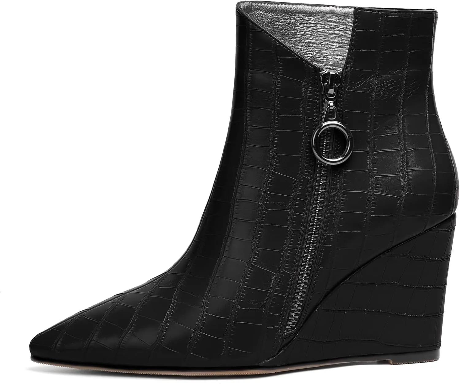 Joseywade Ankle Boots Wedge Heels for Women Pointed Toe Wedge Booties Zipper Closure with Fur 3.5 Inches Short Boots