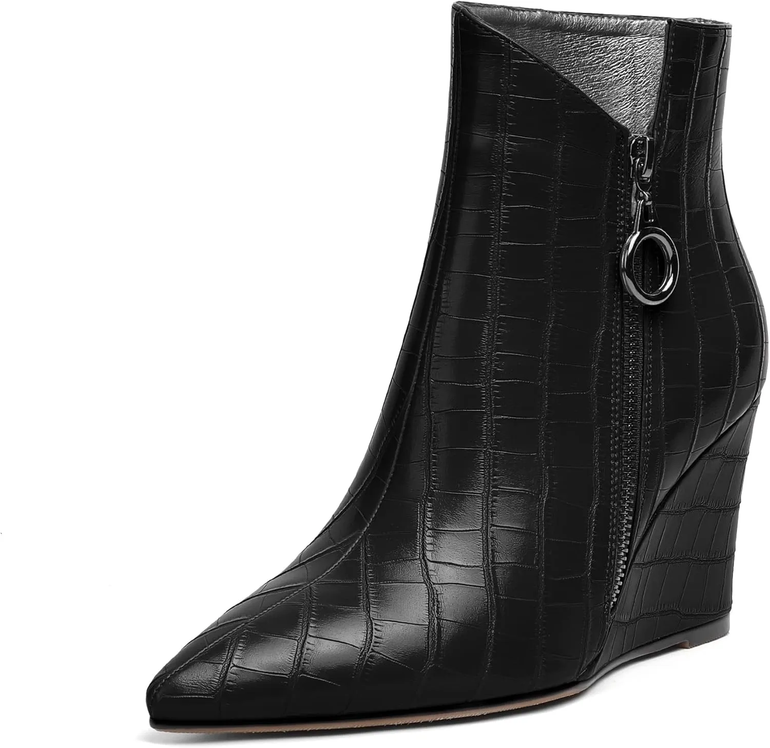 Joseywade Ankle Boots Wedge Heels for Women Pointed Toe Wedge Booties Zipper Closure with Fur 3.5 Inches Short Boots
