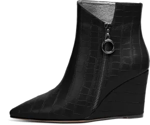 Joseywade Ankle Boots Wedge Heels for Women Pointed Toe Wedge Booties Zipper Closure with Fur 3.5 Inches Short Boots