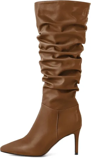 Joseywade Knee High Slouchy Boots For Women Pointed Toe Side Zip 3.5 Inch High Heel Boots