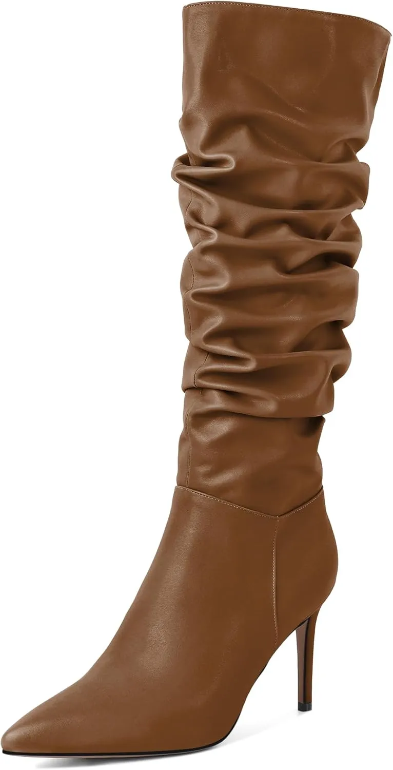 Joseywade Knee High Slouchy Boots For Women Pointed Toe Side Zip 3.5 Inch High Heel Boots