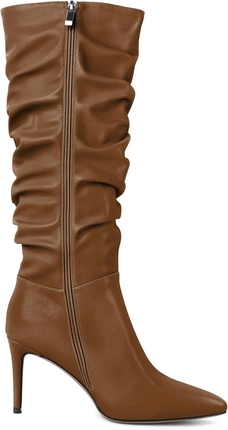 Joseywade Knee High Slouchy Boots For Women Pointed Toe Side Zip 3.5 Inch High Heel Boots