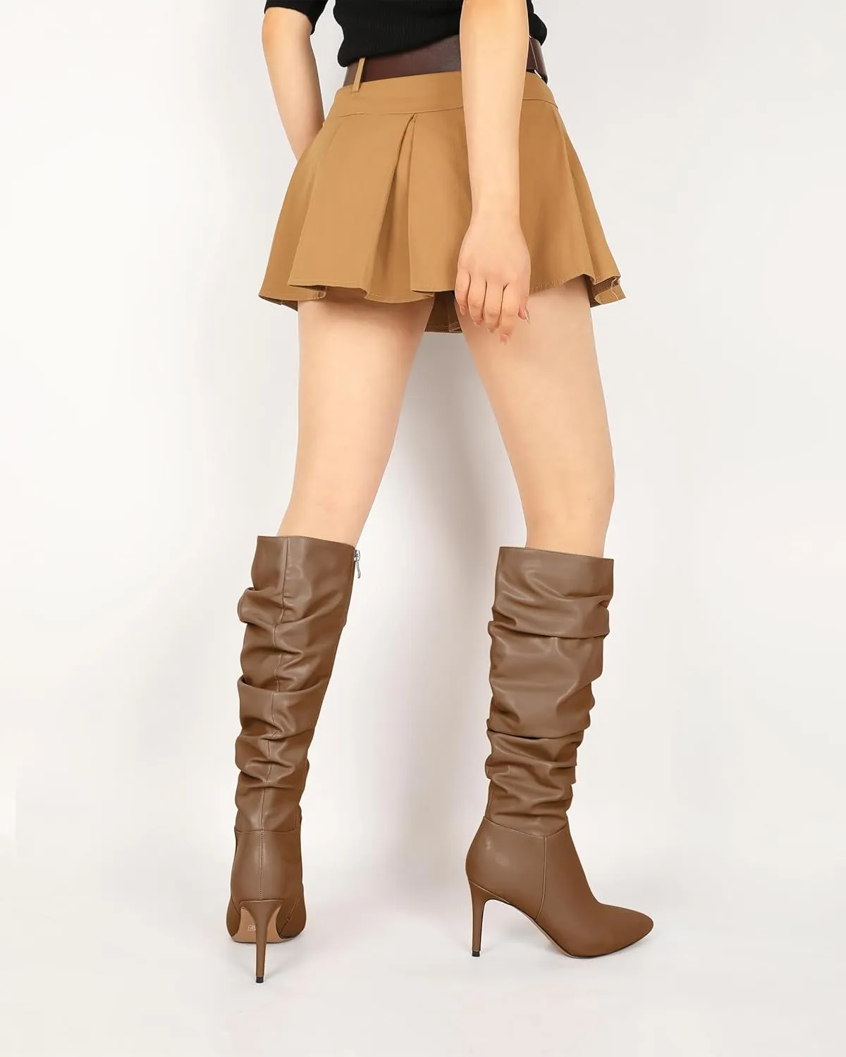 Joseywade Knee High Slouchy Boots For Women Pointed Toe Side Zip 3.5 Inch High Heel Boots