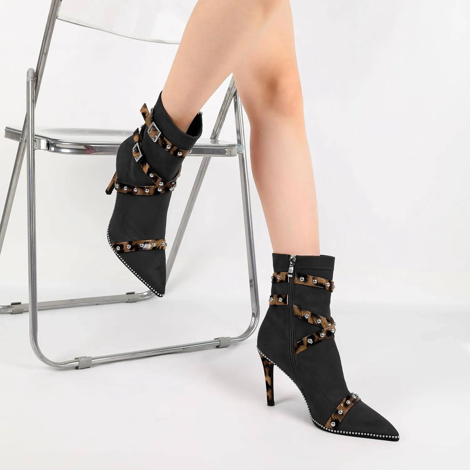 Joseywade Womens Ankle Booties 3.7 Inch Heel High Stiletto Boots Beaded Studded Pointed Toe Side Zipper Boots Size 5-13
