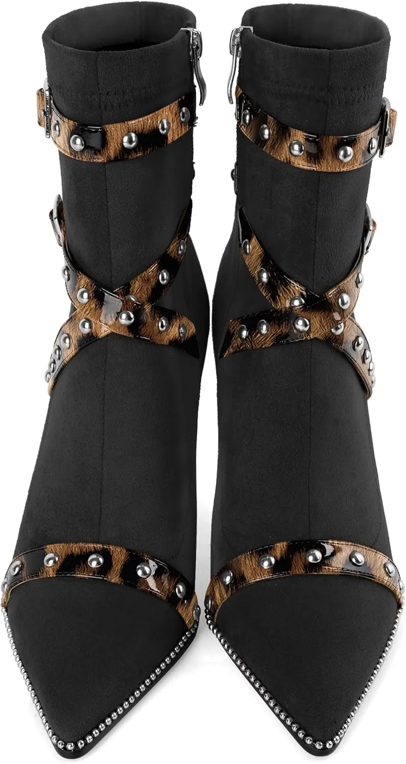 Joseywade Womens Ankle Booties 3.7 Inch Heel High Stiletto Boots Beaded Studded Pointed Toe Side Zipper Boots Size 5-13